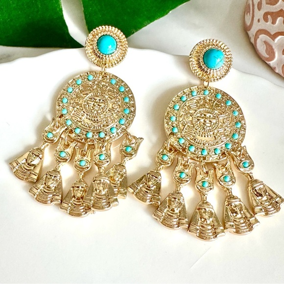 2/$30🌵 Blue Stone Gold Pharoah Egyptian Earrings Tribal Jewelry Gift Boho NEW - Picture 6 of 12